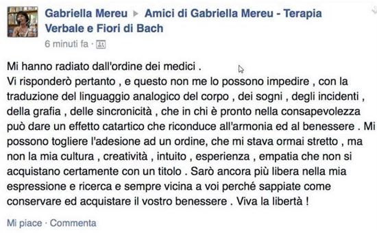 Gabriella Mereu annuncia su social network la radiazione dall'Ordine dei Medici